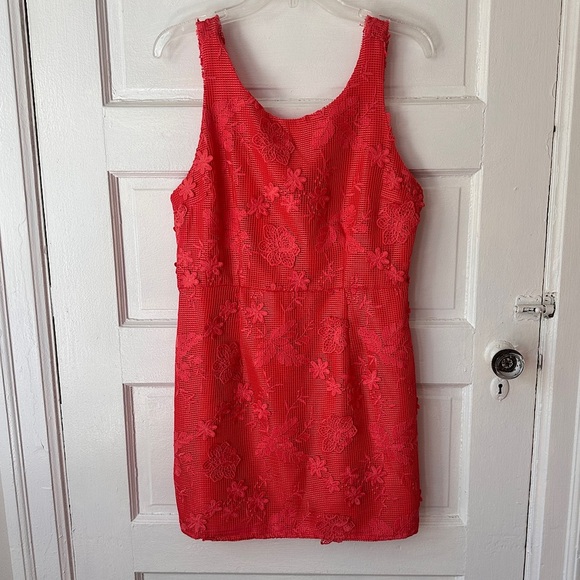 Romeo & Juliet Couture Floral Lace Mini Sheath Dress Cotton Vibrant Coral Large - Picture 3 of 15